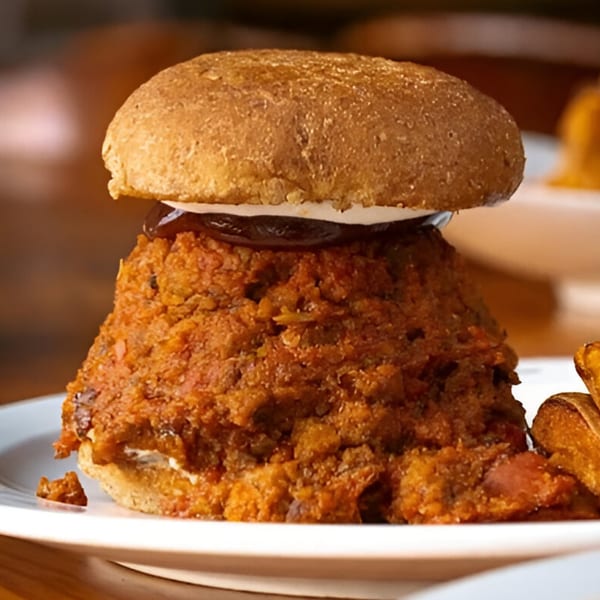 A Majani Soulful Vegan Cuisine vegan BBQ sandwich with a thick patty and sauce on a bun.